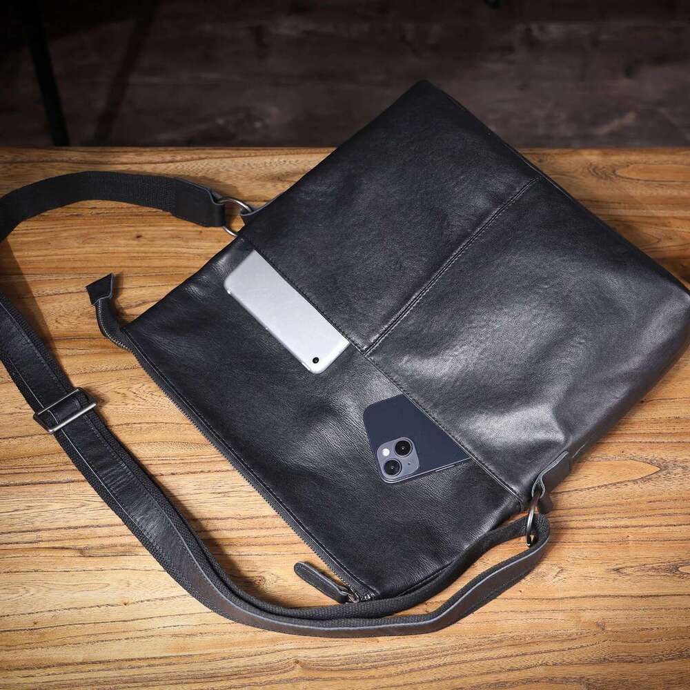 Genuine Men's Shoulder Crossbody Bags Simple Cowhide Laptop Bag Top Layer Vegetable-Tanned Leather Fashion Casual