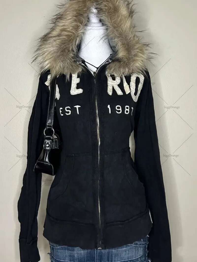 Haruku Y2K Streetwear Jacket High Street Retro Fur Collar Zipper Hoodie Women Gothic Punk Letter Print Oversized Sweatshirt