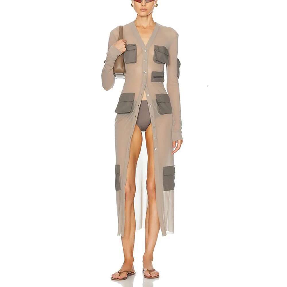 Pocket Decoration Cotton Women's Y2k See-Through Mesh Elegant Commuter Single Breasted Long Cardigan Dress 2024 Fall New
