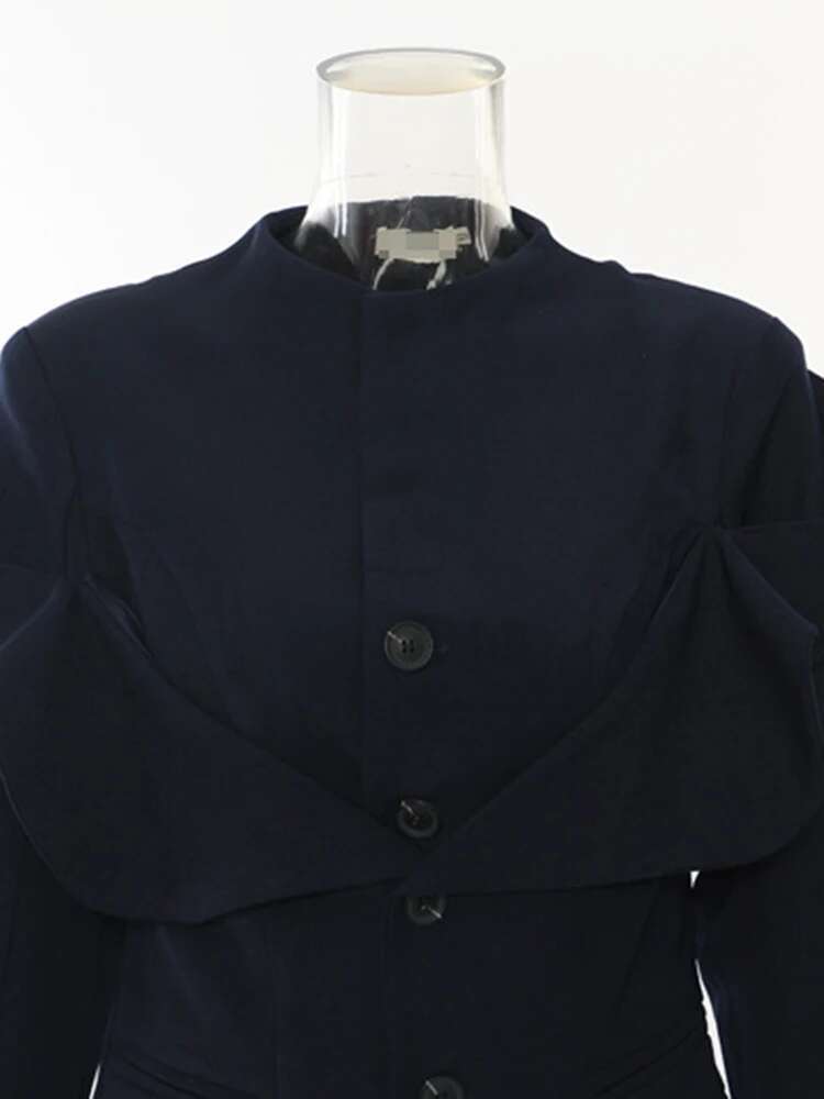 Navy Blue Irregular Shaped Big Size Blazer Women New Stand Collar Long Sleeve Jacket Fashion Spring Autumn 2025 1Dh7154