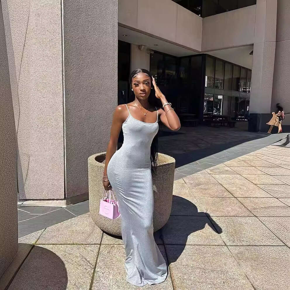 European and American women's simple, solid color, sexy suspender, hip hing long skirt, internet famous socialite private clothing, popular dress