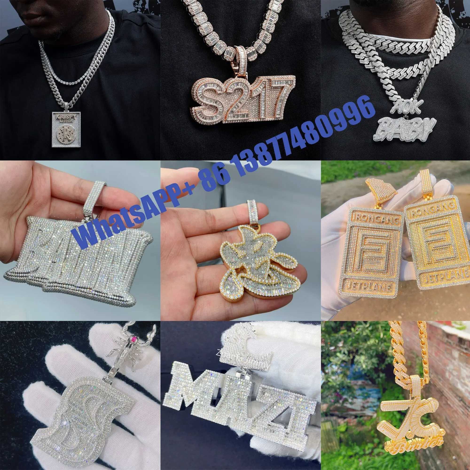 Hip Hop Jewelry Iced Out Full Vvs Moissanite Diamond Custom Men Pendant Necklace S925 Sterling Silver Necklace