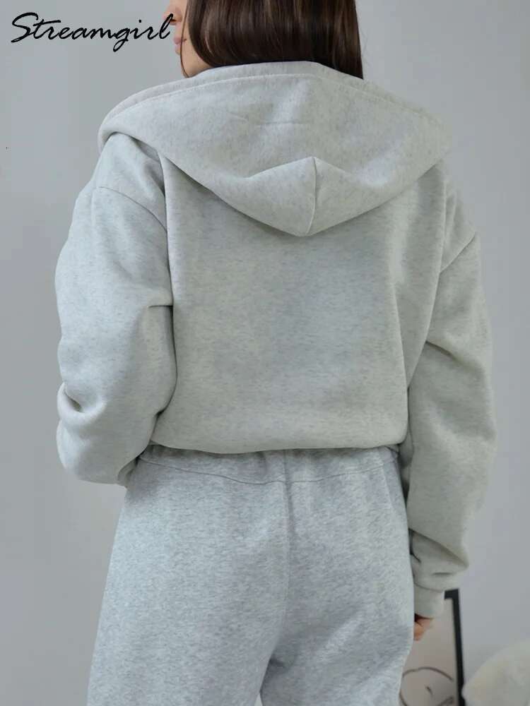 Streamgirl Short Zipper Oversized Jackets 2024 Spring Gray Sweatshirts With Hood Cotton Women Korean Hoodies Tops