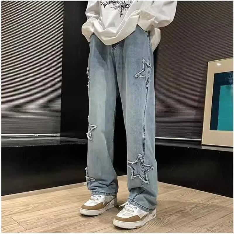 Fashion Stars Towel Embroidery Brown Men Jeans Pants Y2K Clothes Straight Hip Hop Cotton Trousers Mens Pants 250210