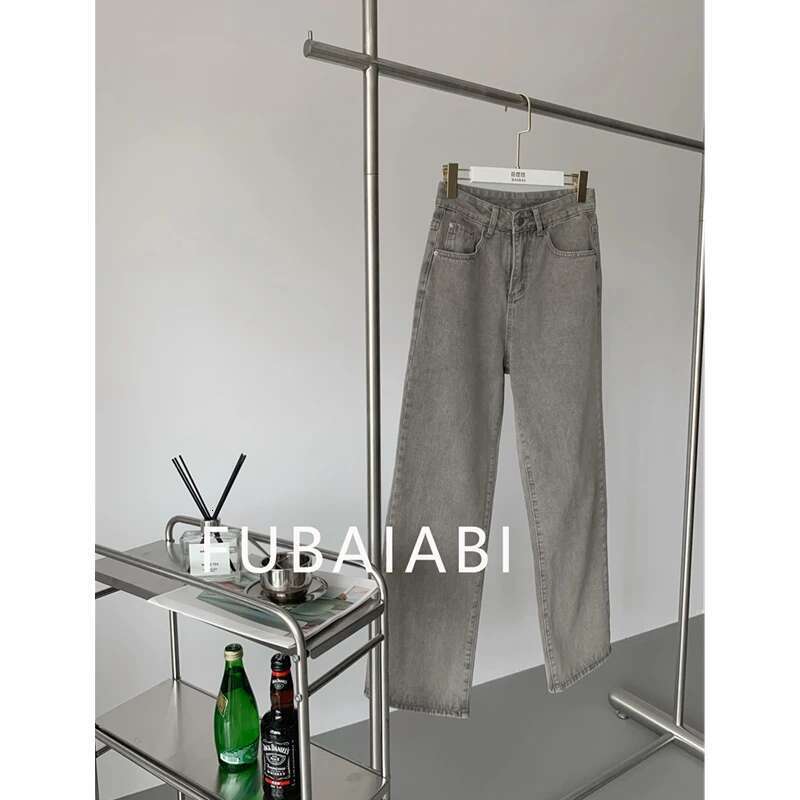Grey Womens Jeans High Waist Vintage Straight Baggy Pants Streetwear American Style Fashion Casual Wide Leg Denim Trouser