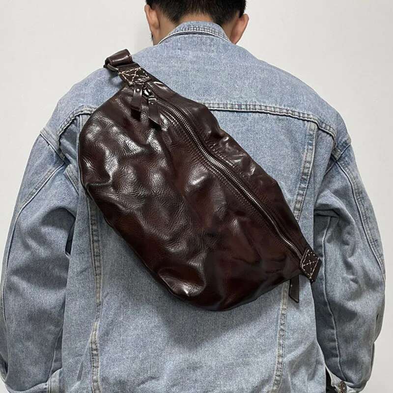 AETOO Handmade Crossbody Men's First Layer Cowhide Vintage Shoulder Leather Chest Bag May Khaki Motorcycle Trend Men's