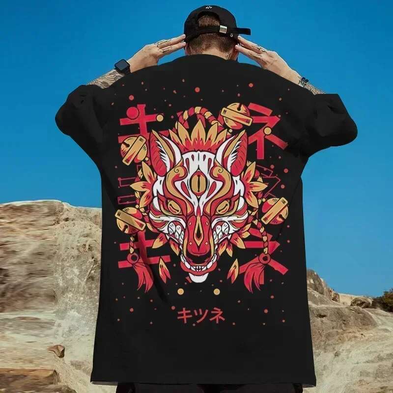 2024 Hot Japanese Ghost Warrior Print Hip Hop Oversized T-Shirt Men's Clothing Retro Street Top