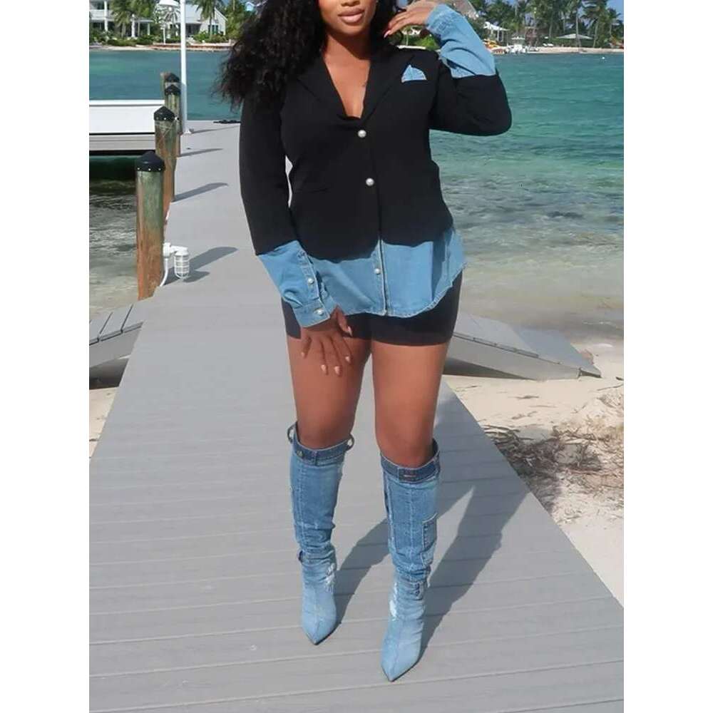 Casual Patchwork Denim Blazers For Women Notched Collar Long Sleeve Hit Color Fashion Design Blazer Female Clothing Style