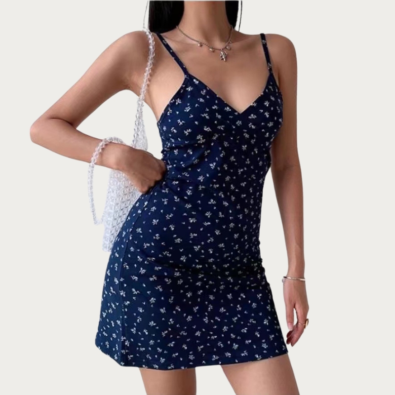 New arrivalEuropean and American pure desire retro printing v-neck suspender dress women's summer new floral suspender skirt women's foreign