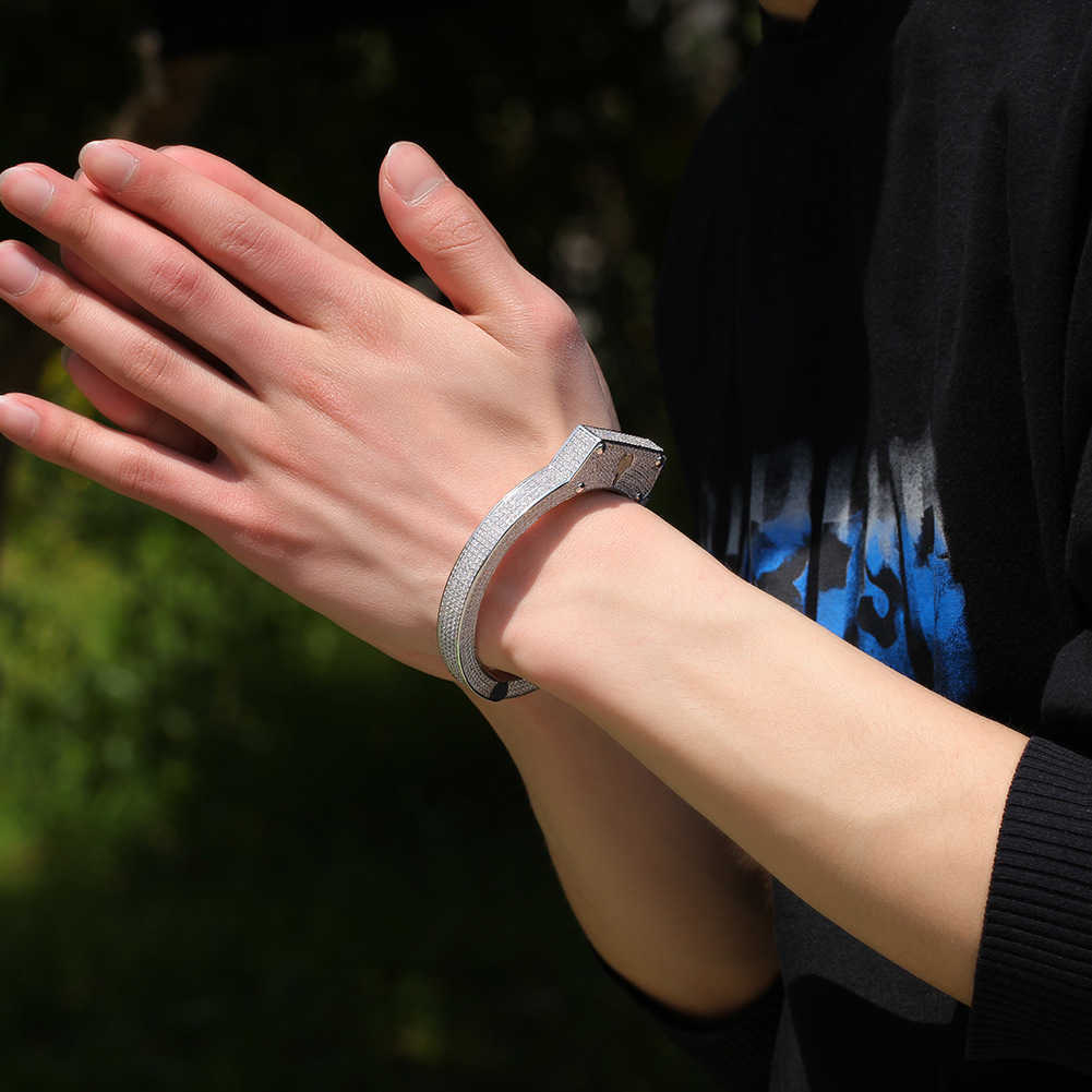 fine jewellery bracelet hiphop 14mm gold mens punk big size ice out prong handcuff couple wristband bangle