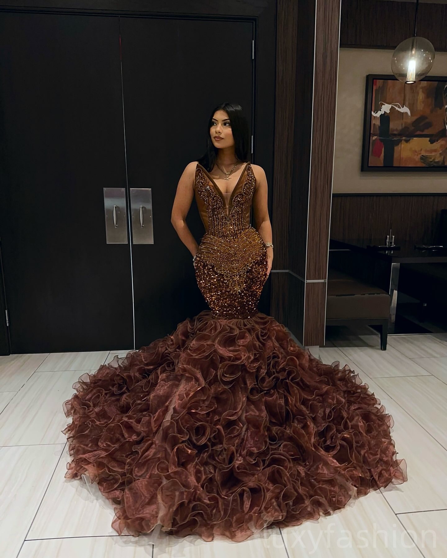 Aso Ebi 2025 Luxurious Mermaid Prom Dresses Crystals Organza Tiers Sequined Evening Formal Party Second Reception Birthday Gowns Dress For Special Occ