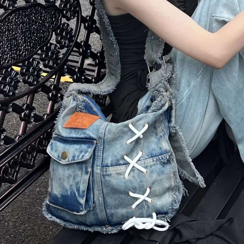 Niche Design Sense Furred Edge Denim Students Commuting Large Capacity Single Shoulder Crossbody Bag Fashion For Women