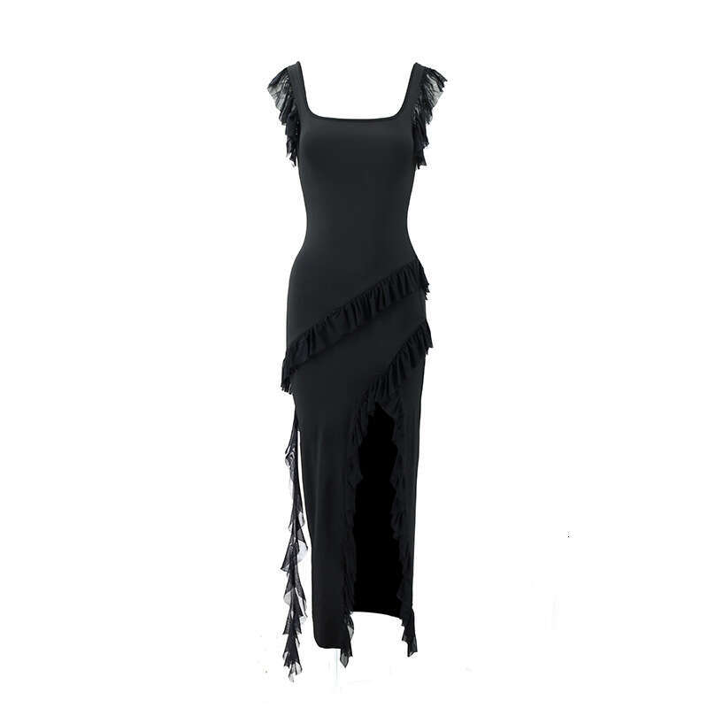 European and American style women's summer fashion sexy fungus edge splicing slit backless dress 2025 temperament versatile new trend clothing in