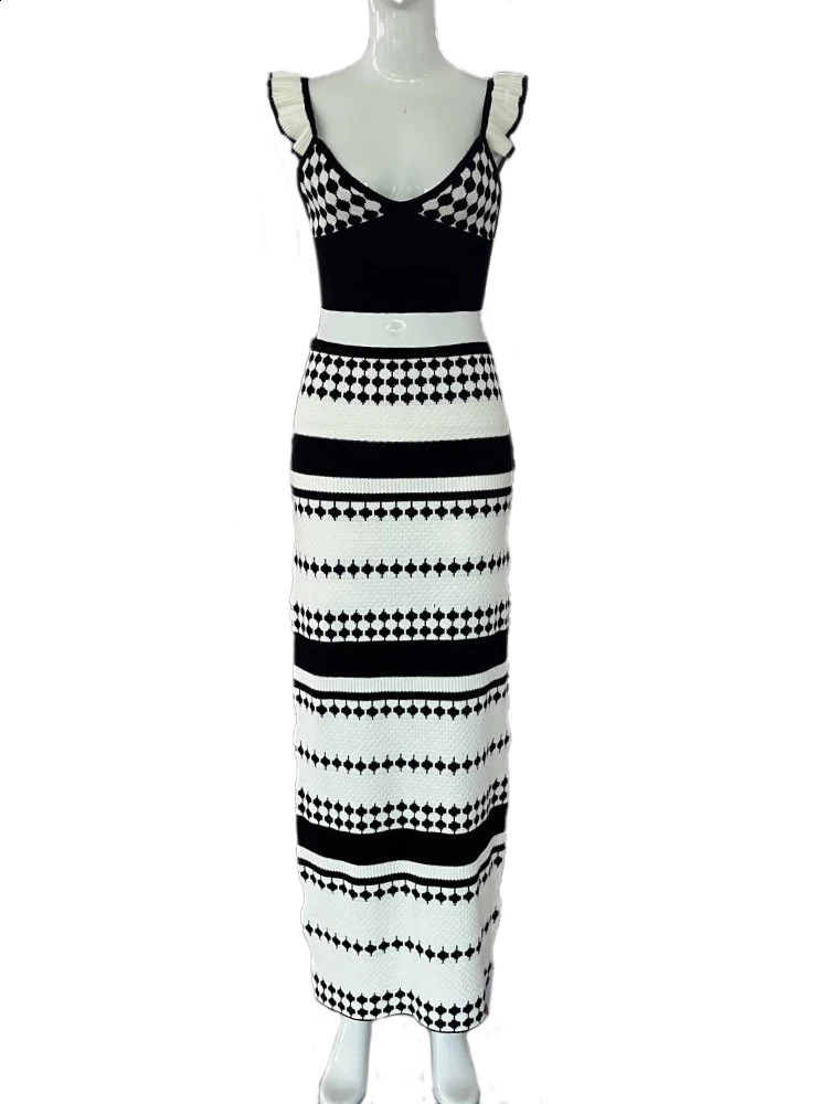 Black/white Striped Knitted Dress Women Sexy Backless Slim Bohemian Outfits Fashion Ruffle Holiday 2 Piece Set Outfits A2956 250213