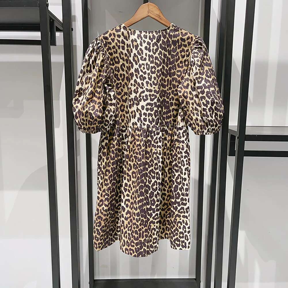 Cotton Women's Y2k Front Tie Leopard Print Fashion Temperament Commuter Bubble Sleeve Dress 2025 Early Fall New