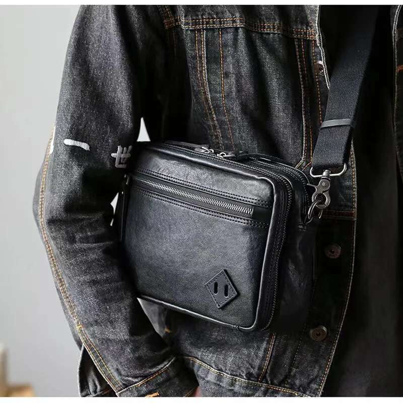 SENOFAN New Shoulder Man Genuine Cowhide Leather Leisure Crossbody Messenger Bag Male Japanese Style Double-Deck Pocket