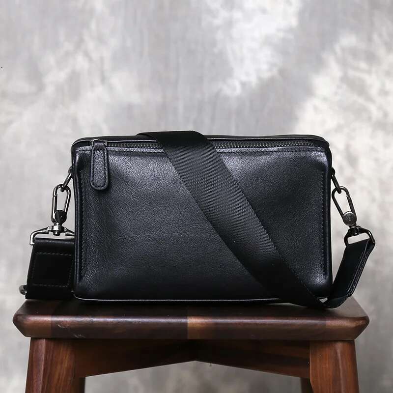 Men Top Layer Cowhide Shoulder Business Casual Leather Men's And Women's Small Square Zipper Bag Horizontal Handbag