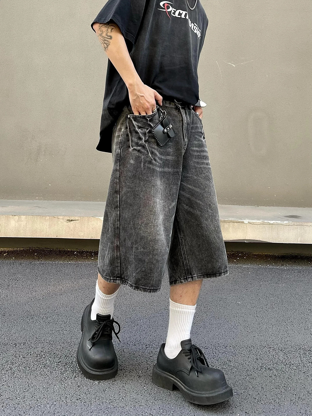 Lightning Patterned Jorts Loose Cropped Denim Shorts for Men Womens Y2k Distressed Calf-length Pants 250210