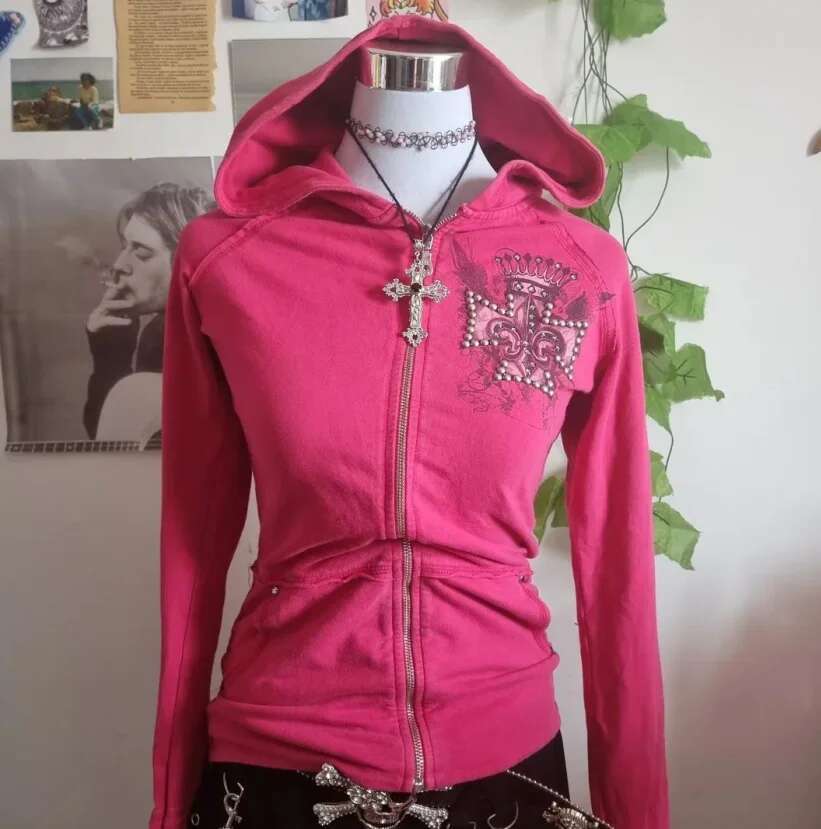 Gothic street Haruku exquisite dia print zipper hooded for women retro casual design y2k style slim cardigan jacket