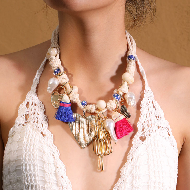 Bohemian Statement Beads&Hearts Necklace for Women Trendy Wedding Party Jewelry