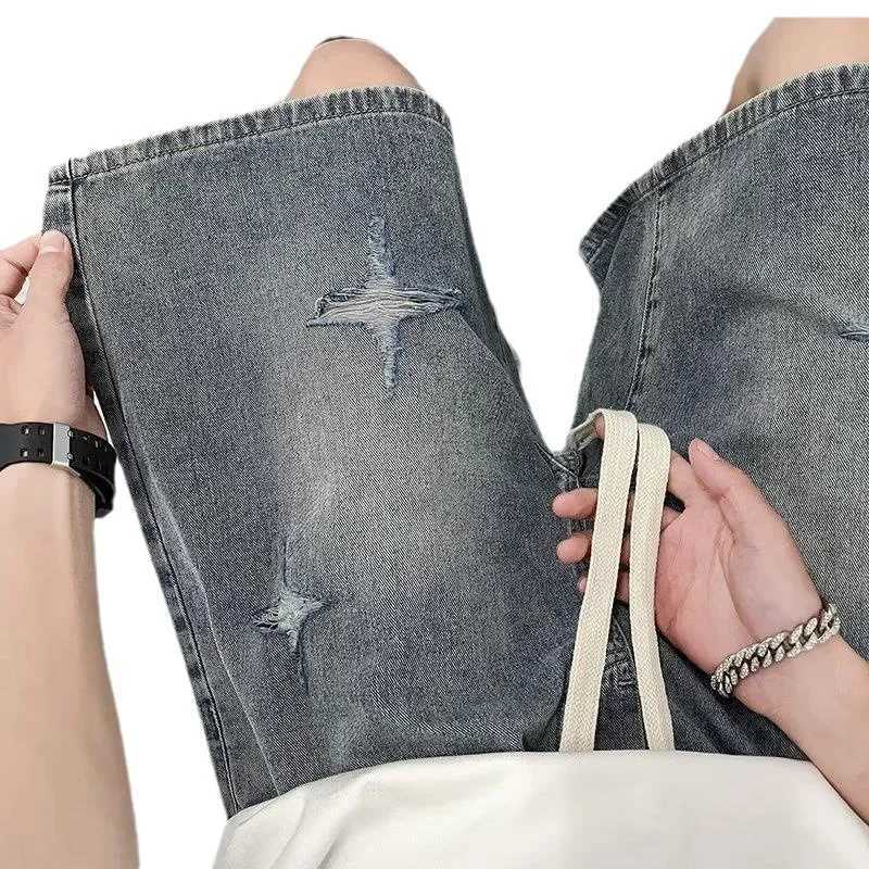 2023 Trendy Denim Shorts Mens Summer Style Star Pattern Holeed Jeans American Vintage Blue Pine Needle PrintedT250215