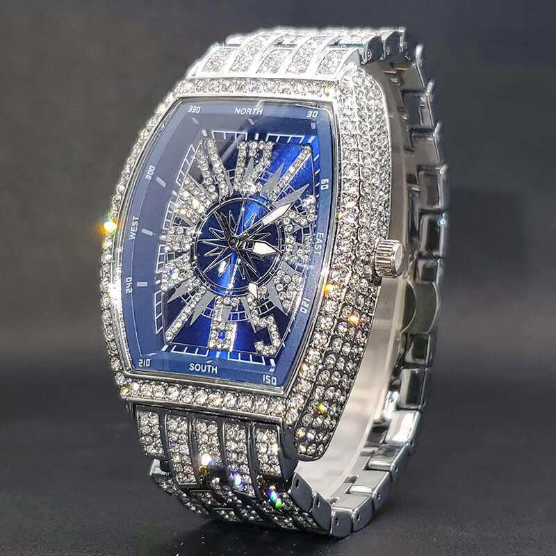 Full Diamond Hip Hop Strange Digital Men's Wine Bucket Black Plate Handsome Rap Quartz Watch