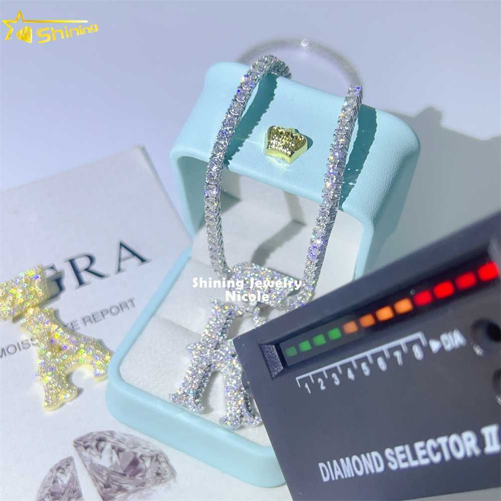 Fashion Jewelry Hip Hop Moissanite Diamond 1 Initial Cursive Custom 925 Sterling Silver Letter Pendant
