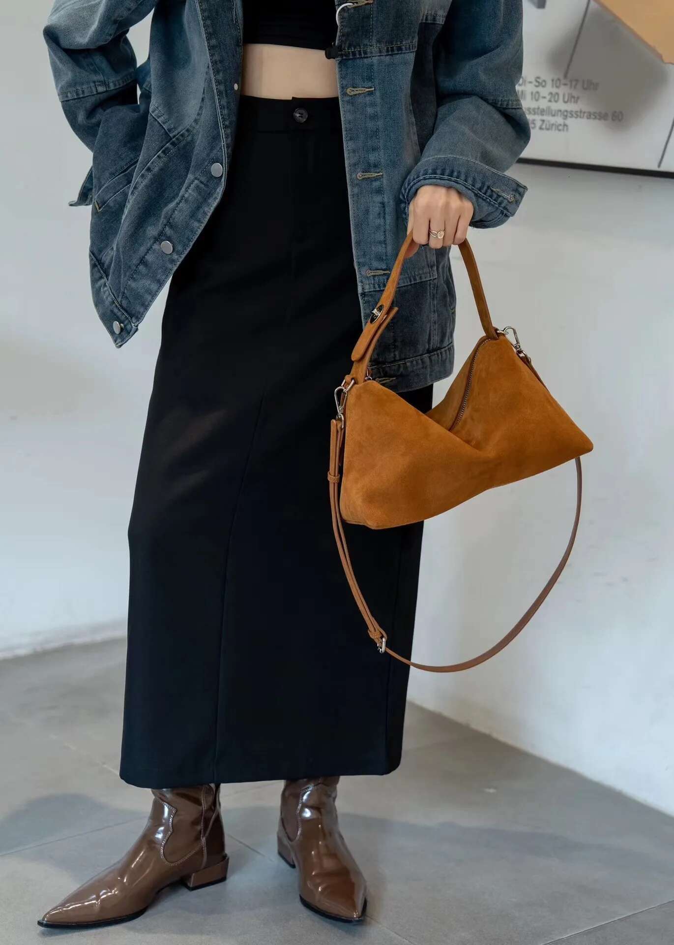 Fashion Autumn Winter Big Boston Tote Soft Matte Suede Cow Leather Women's Handbag Shoulder Crossbody Bag For Women Grey Brown Suede Cartoon BagV