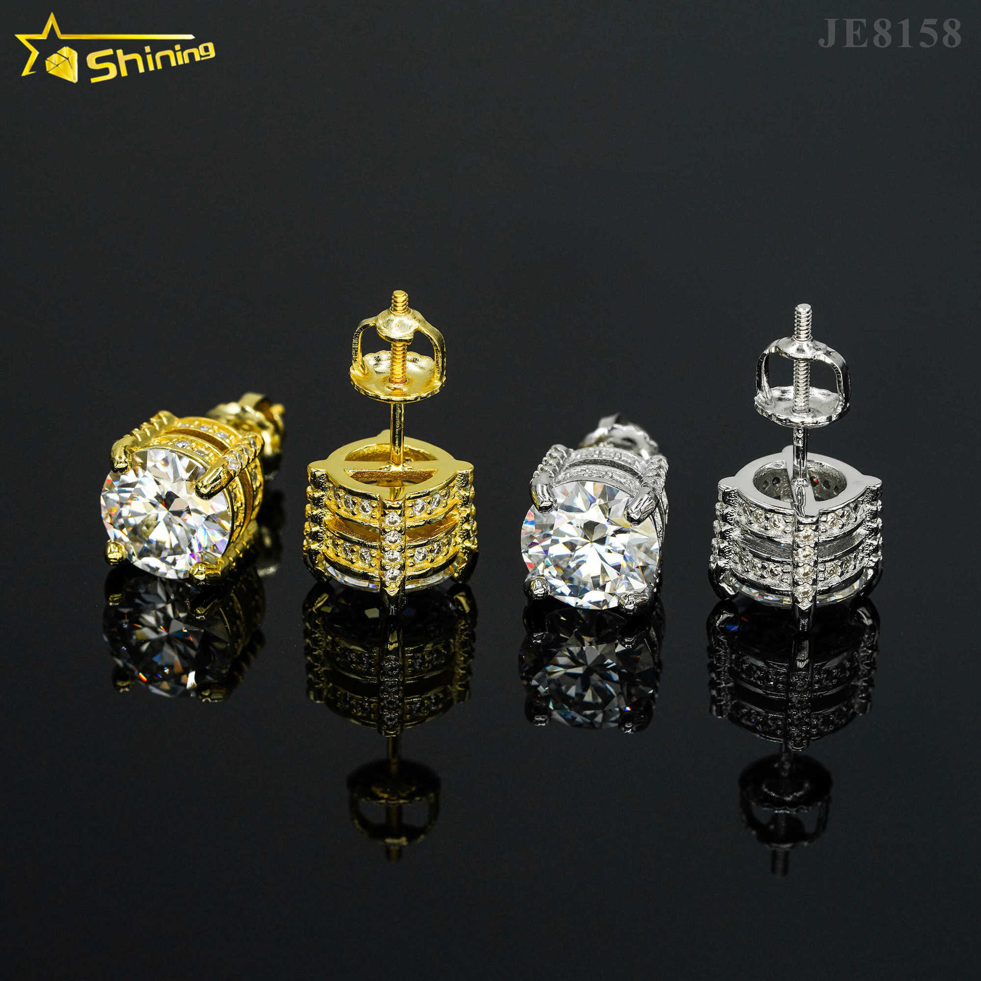 New arrival moissanite earrings 18k gold plated silver jewelry full round side stones screw back stud earrings