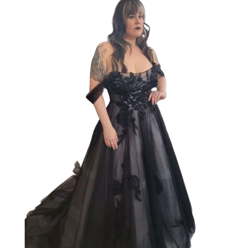 Black Gothic Wedding Dresses A-Line Sweep Train Off Shoulder Long Vintage Bridal Gowns Lace Appliques Beaded Bride Dress Vestido De Novia Back Lace-up