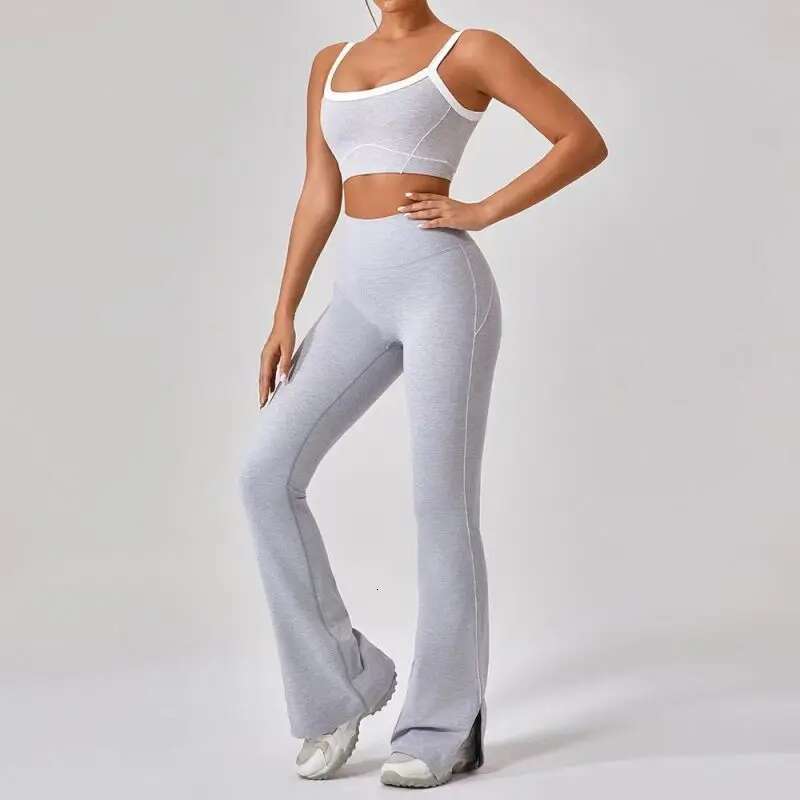 Summer 2Pcs Patchwork Sport Yoga Suit High Waist Flare Split Leggings Outfit Fiess Workout Set Sportwear Women Tracksuit
