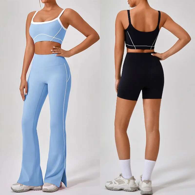 Summer 2Pcs Patchwork Sport Yoga Suit High Waist Flare Split Leggings Outfit Fiess Workout Set Sportwear Women Tracksuit