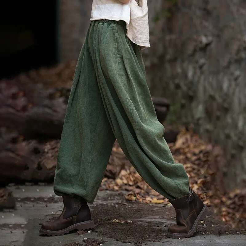 Women Chinese Style Bloomers Elastic Waist Autumn En Trouser 2024 New Solid Color Patchwork Pockets Pants