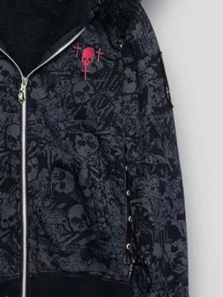Goth Skull Print Y2k Hoodies Jackets Women Vintage Haruku Aesthetic Grunge Fur Patchwork Hooded Jacket Fairy Zipper Coat