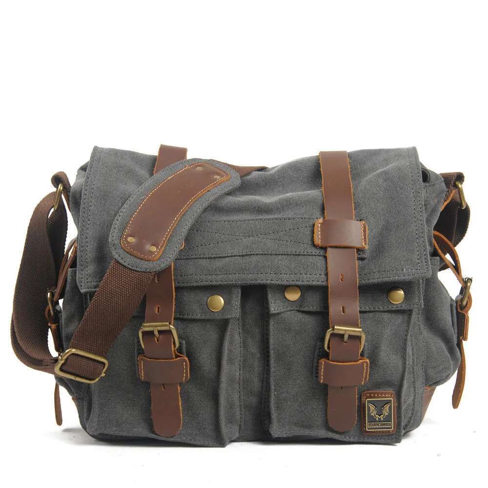 MUCHUAN Fashion Vintage Leather Canvas Men's Messenger Cotton Multi-Pocket Crossbody Bag Men Shoulder Casual Travel Handbag