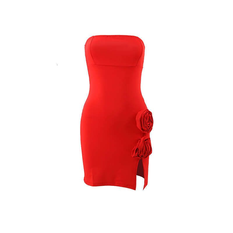 European and American style sexy spicy women's summer strapless side slit three-dimensional wer slim fit hip hing dress 2025 new casual fashion t