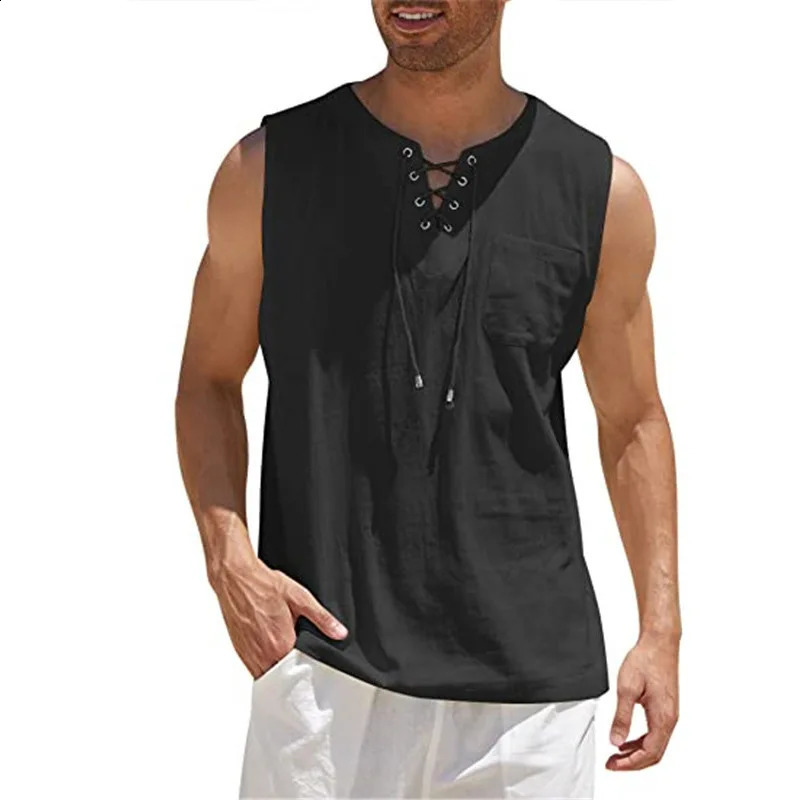 Cotton Linen Shirts Mens Casual Leeveless Vest Bandage Lace Up Blouse Retro V Neck Fashion Loose Shirt Male Solid Color Clothes 250210