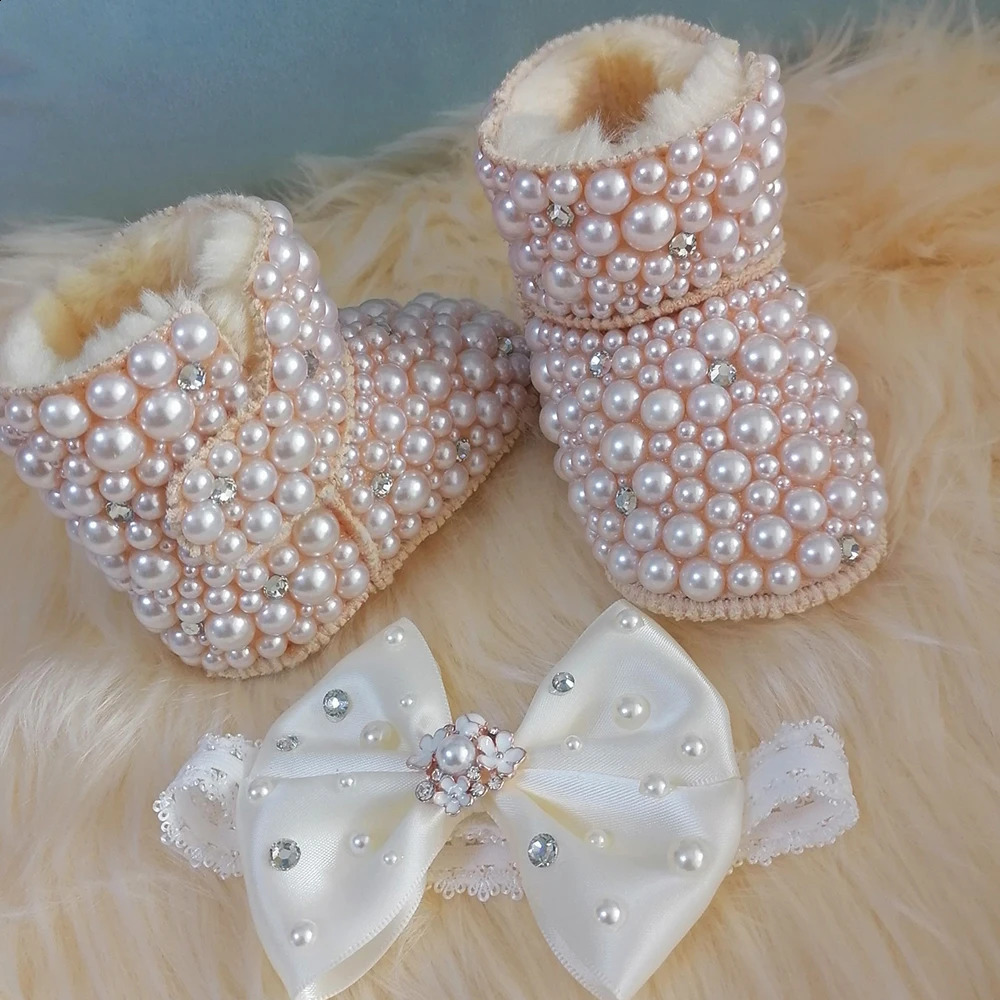 Handmade Bow Hairband Rhinestones Baby Girl Snow Boots Winter Shoes Comb First Walker Sparkle Bling Crystal Princess Shower Gift 250214