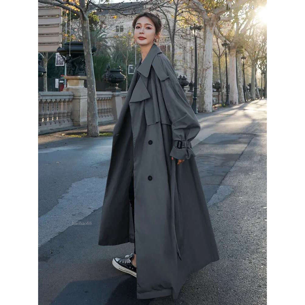 Women s Trench Coats Korean Style Loose Oversized X Long Coat Double Breasted Belted Lady Cloak Windbreaker Spring Fall Outerwear Grey 230503