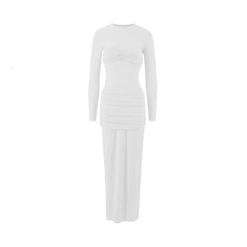 European American style autumn and winter women's round neck pleated sleeved slim fit long dress wholesale 2025 temperament versatile new trend c