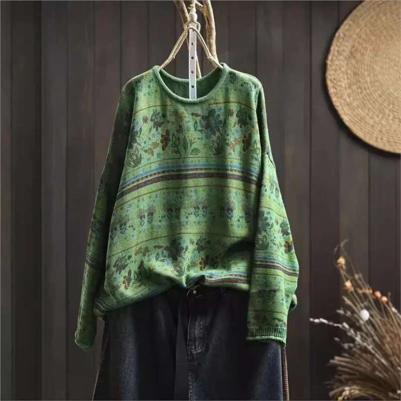 2025 Woman Autumn New Niche Vintage O-Neck Casual Loose Retro Chinese Style Long Sleeves Print Sweater