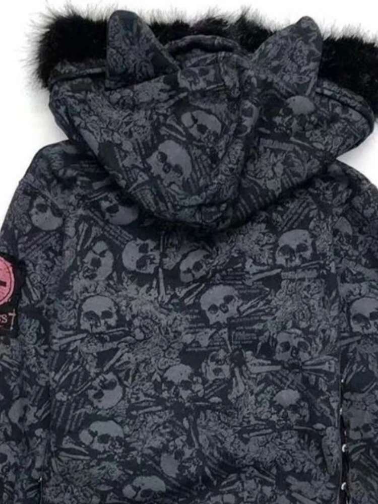 Goth Skull Print Y2k Hoodies Jackets Women Vintage Haruku Aesthetic Grunge Fur Patchwork Hooded Jacket Fairy Zipper Coat
