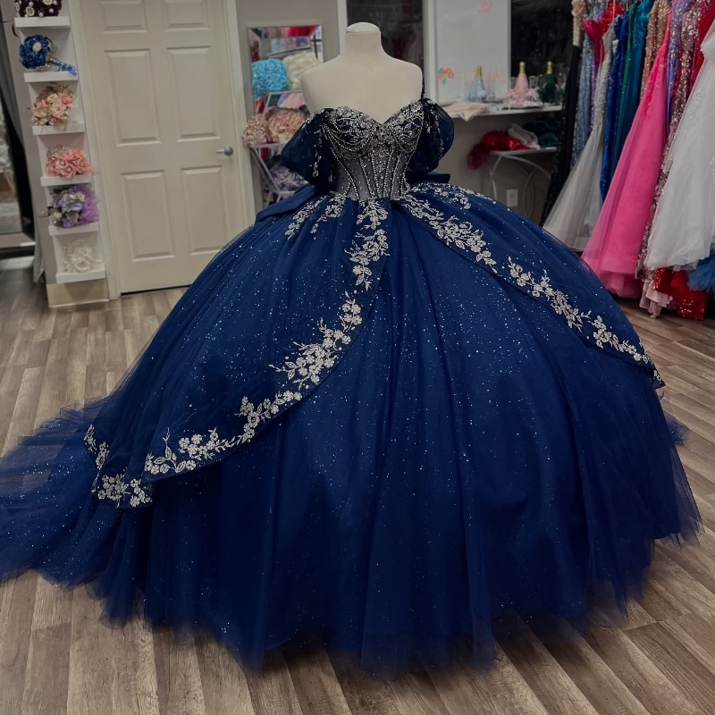 Navy Blue Shiny Quinceanera Dresses Ball Gown Off Shoulder Applique Beading Crystal Tull Party Birthday Sweet 16 Dress Vestidos 15 Anos
