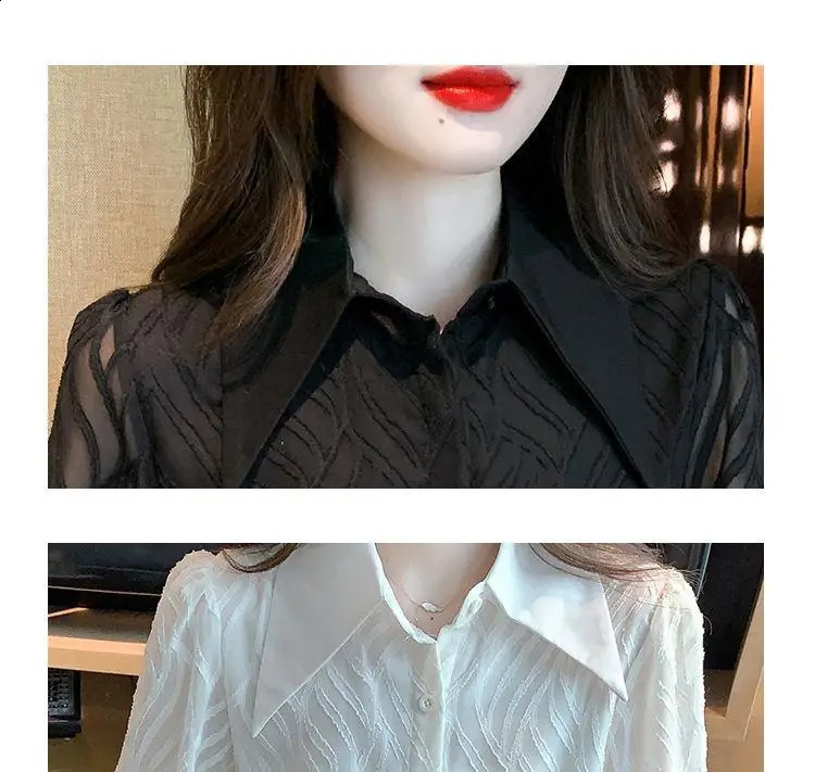 Polo Neck Black Chiffon Shirt Womens Niche Retro French Long-sleeved Top 250210