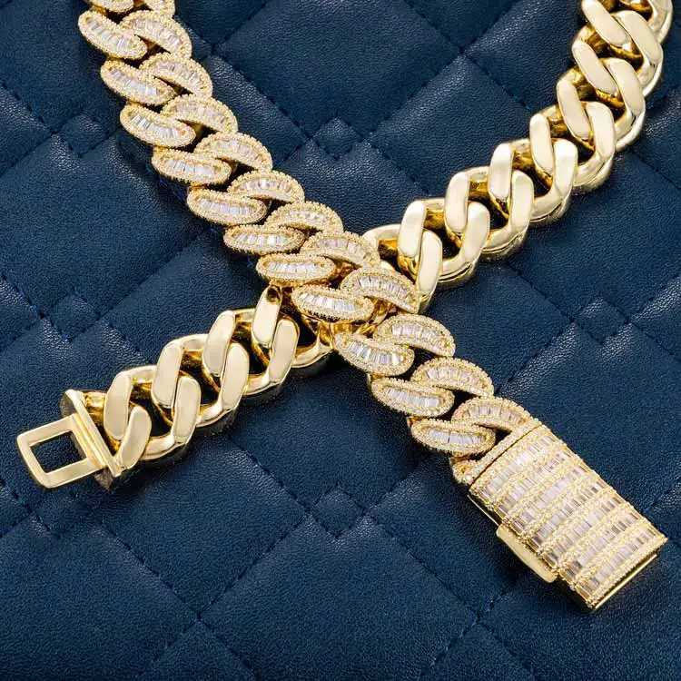 Custom 18mm Baguette Chain Cuban Moissanite 925 Silver Hip Hop Vvs Diamond Moissanite Baguette Cuban Link Chain