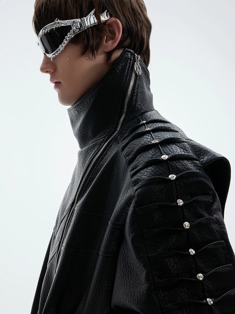 LUZHEN Asymmetric Slant Zipper Placket Wave Shoulder Stand Neck Leather Jacket Mens Original Street Coat LZ8424 250214
