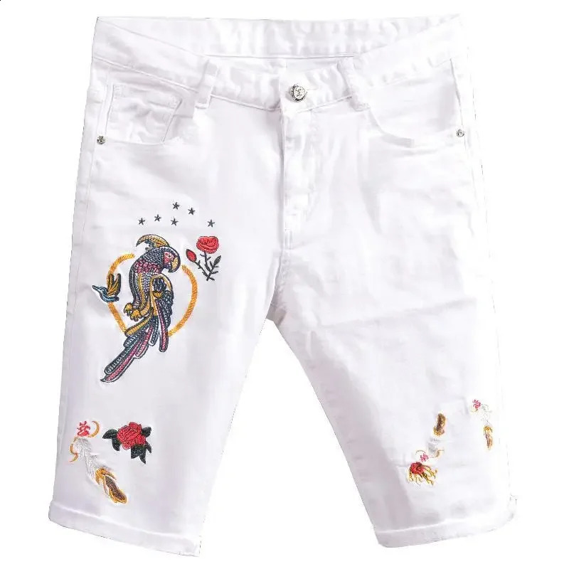 Short Jeans Pants for Men Bermuda Multi Color Embroidery Long Mens Denim Shorts Half Stretchable White Zipper Y2k Fashion Thin Xl 250210