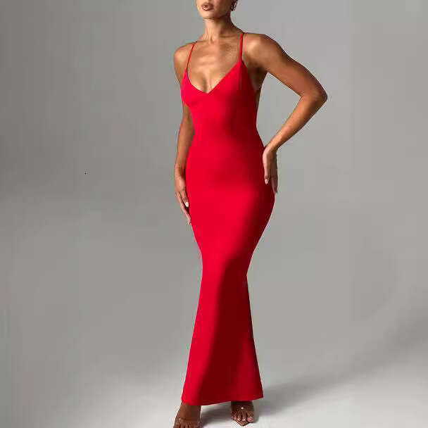 European American women's sexy evening long skirt backless cross shoulder strap pleated hip hing dress 2025 new style chic and elegant clothing