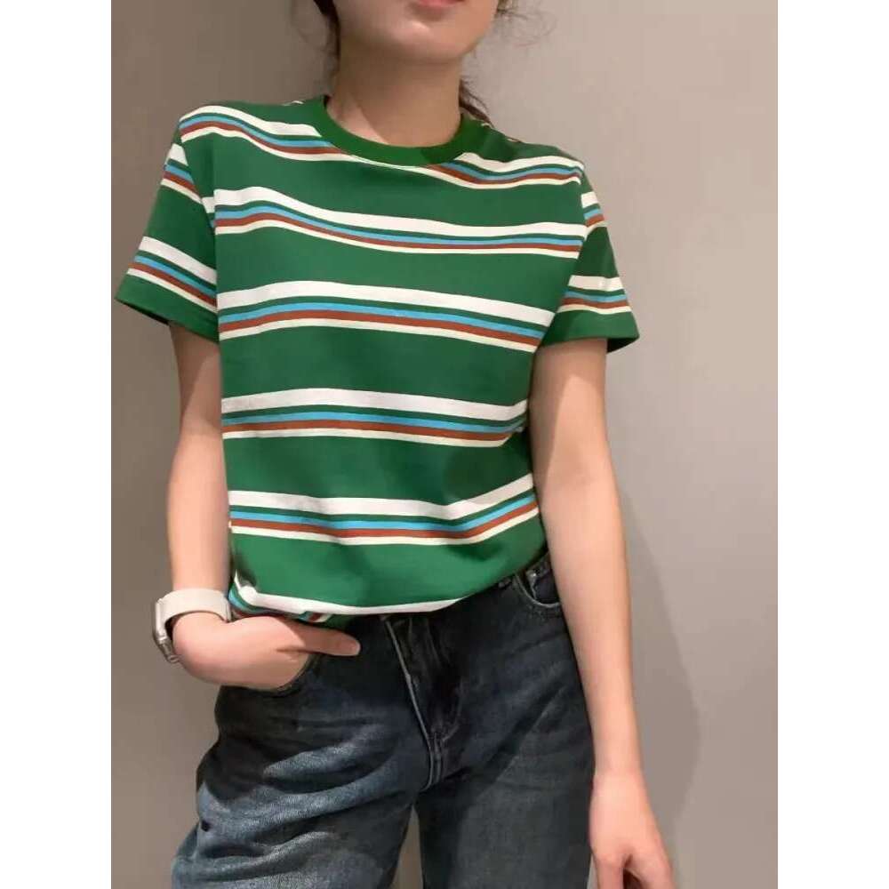 Summer Women Casual Mixed Colors Striped Tees O Neck Short Sleeve Comfortable T-Shirt Streetwear Female Loose Pullover Tops