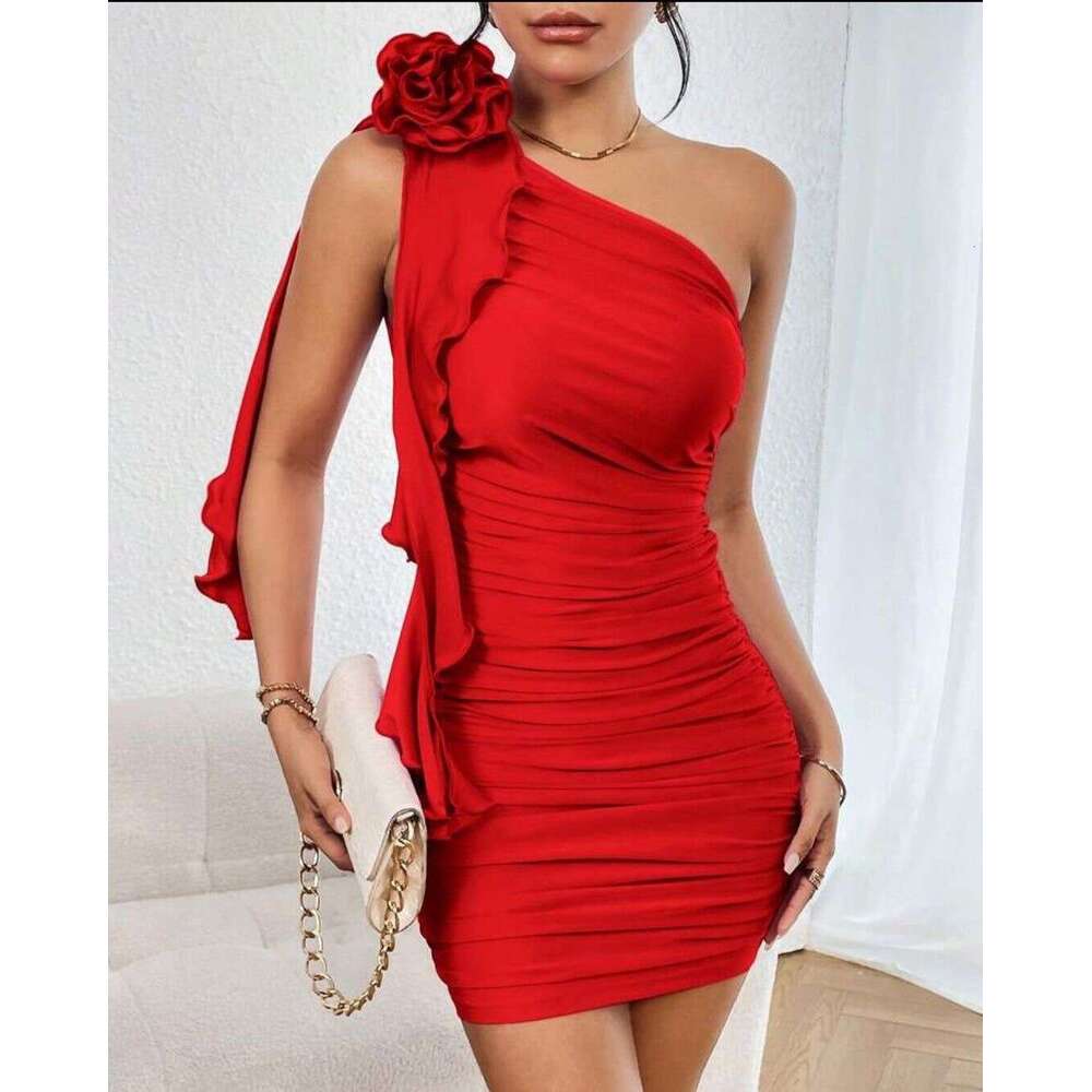 European and American style summer women's sexy slng shoulder three-dimensional wer slim fit hip hing dress 2025 temperament versatile new trend 